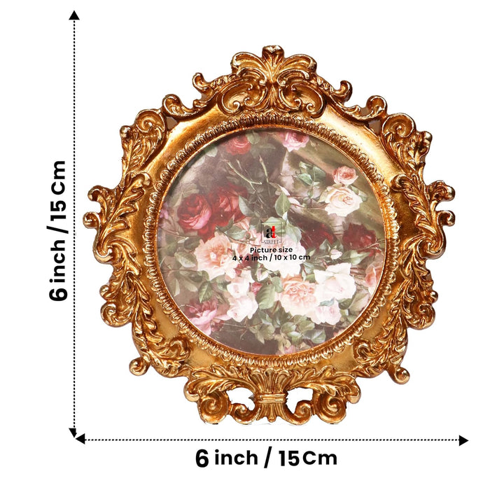 Vintage Round Resin Photo Frame 4x4 Inch | European Style Golden Floral Picture Frame for Tabletop & Wall Display (10x10 cm)