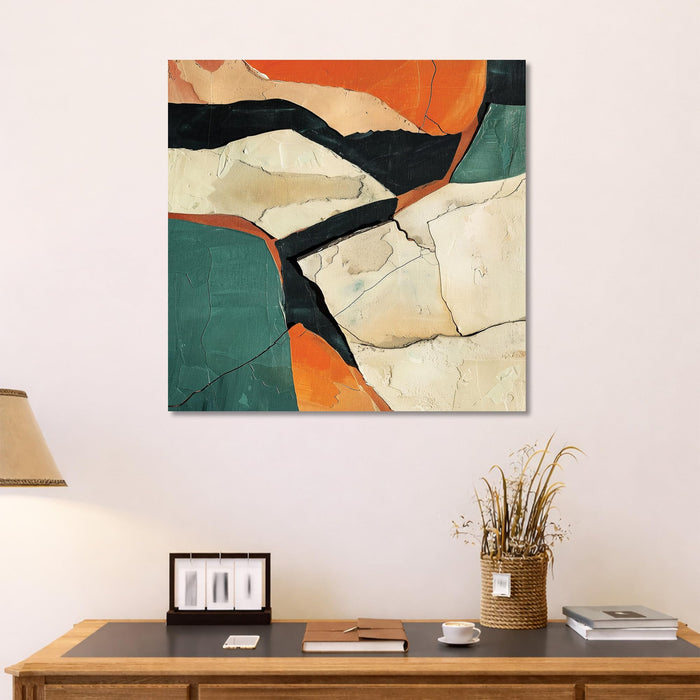 Abstract Modern Geometric Stretched Canvas Wall Art Painting for Living Room, Textured Earthy Poster, Minimalist Overlapping Shapes in Burnt Orange & Teal for Office Decor (56xx56 cm)