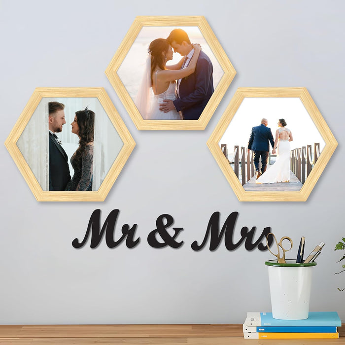 Hexagon Wall Photo/Picture Frame Set of 3, and 'Mr & Mrs' Word (Size 10x9.2 Inch)