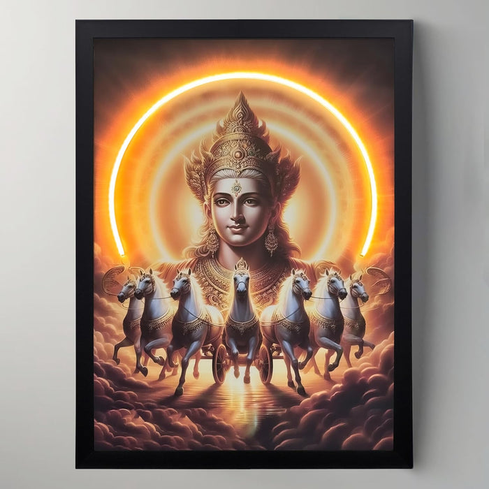 Surya Dev LED Wall Art, Vastu & Feng Shui Painting with LED Light, Spiritual Artwork of Surya Dev Riding Seven White Horses, Wall Decor 43x58 cm