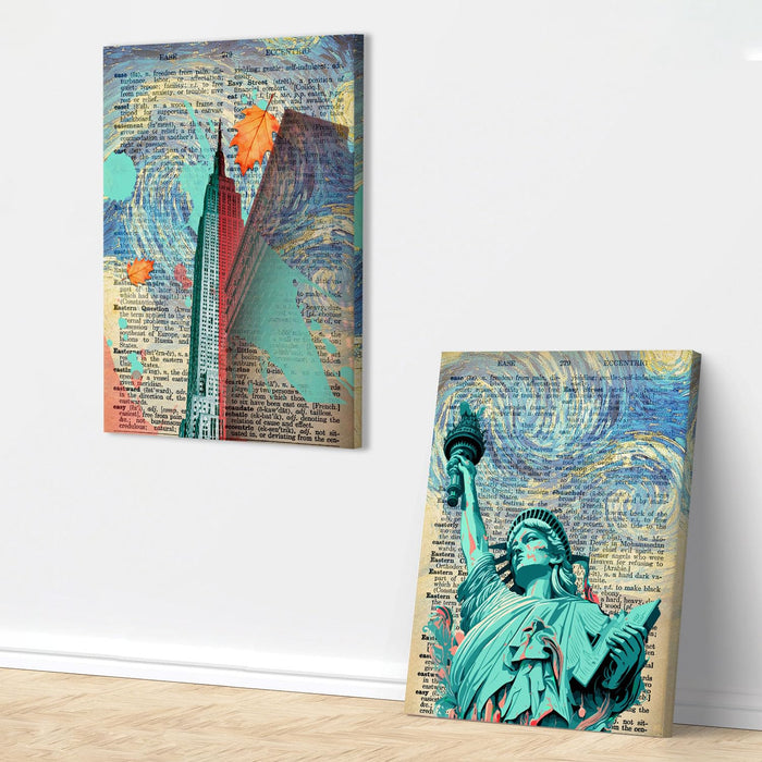 Art Street Set of 2 Stretched Canvas Painting Statute of Liberty American Dreams Dictionary Wall Art for Home Decor, Living room, Office, Hotel & Bedroom Size (12x16 inch)