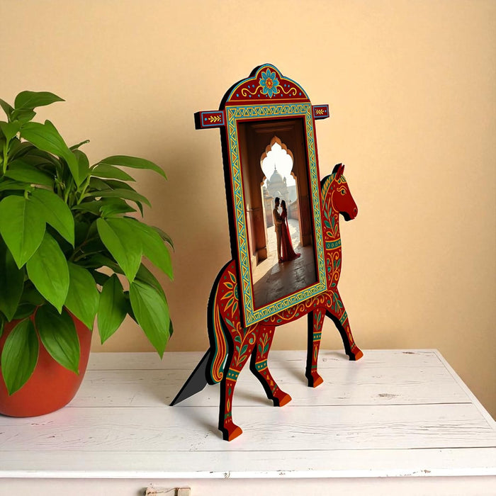 Horse Photo Frame Handcrafted Indian MDF Decorative Tabletop Frame Ethnic Rajasthani Handpainted Wooden Horse Photo Frames 18x23 cm