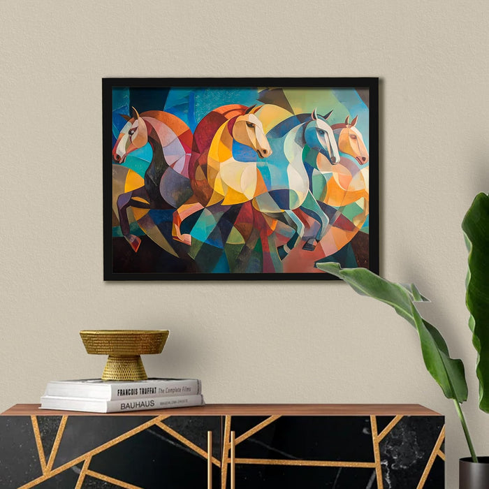 Abstract Wall Art Eight Running Horses Vastu Feng Shui Multicolor | Digital Painting Framed with Engineered Wood Frame (17x23 Inch)