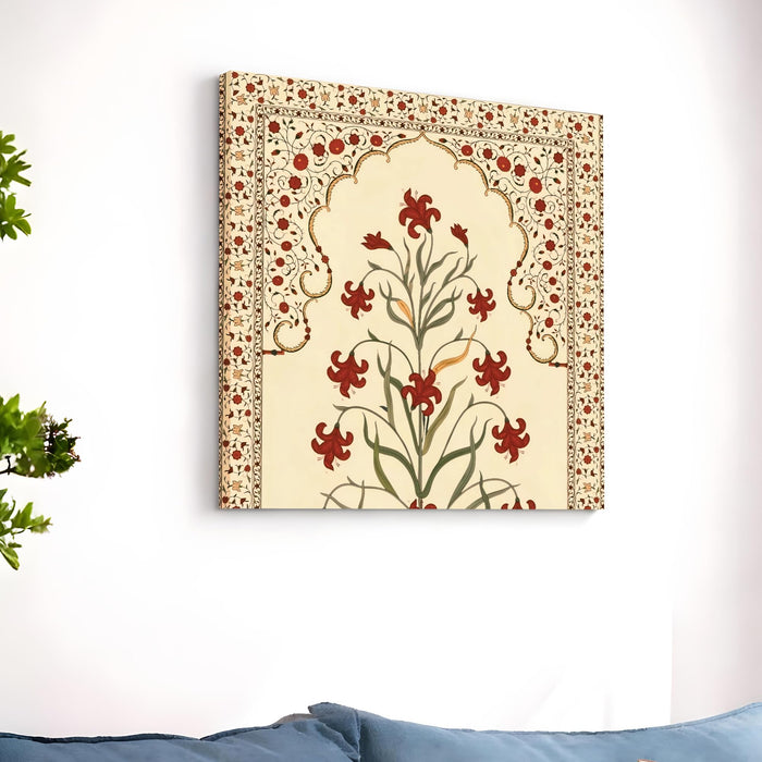Traditional Indian Mughal Art Stretched Wall Painting for Living Room, Floral Jharokha Design with Crimson Blossoms, Ethnic Decor for Living Room, Office & Home Decor (56xx56 cm)