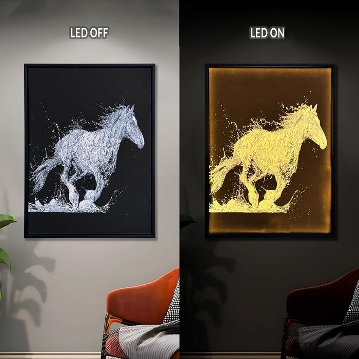 Framed Canvas Art Print with LED, Decorative Wall Decor Canvas Painting Monochromatic Running Horse from Water 43x58 cm