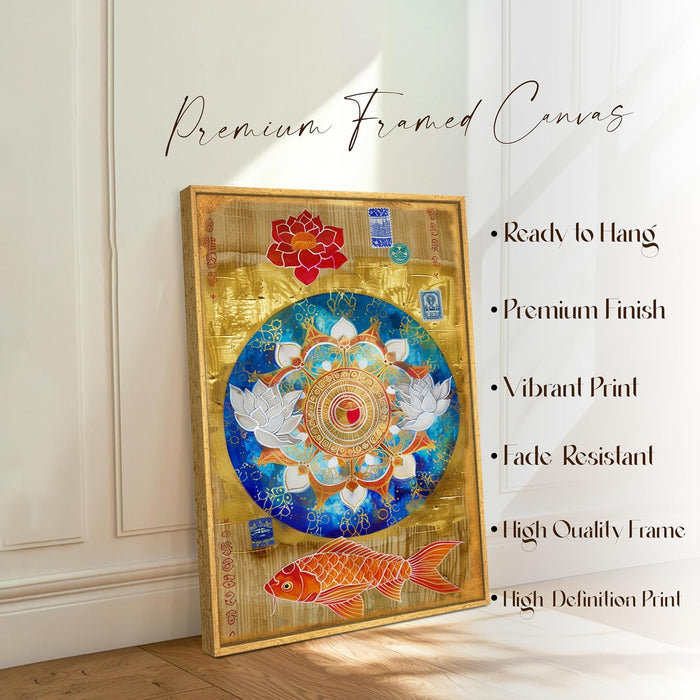 Abstract Mandala Art of Lotus and Koi Fish Multicolor Wall Art on Stretched Canvas – Frameless Unframed Gallery Wrap Canvas Wall Art 22x34 Inch