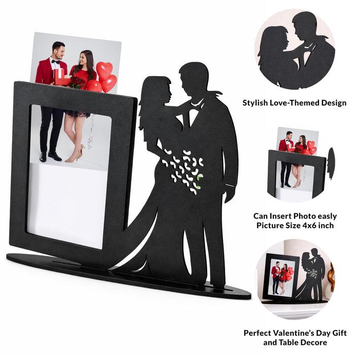 Art Street Laser Cut Couple Photo Frame for Tabletop, Love Themed Wooden 4x6 Inch Picture Frames, Romantic Valentine’s Day Gift for Couple Home Table Decor, Black MDF Photo Frame, 20x25 cm