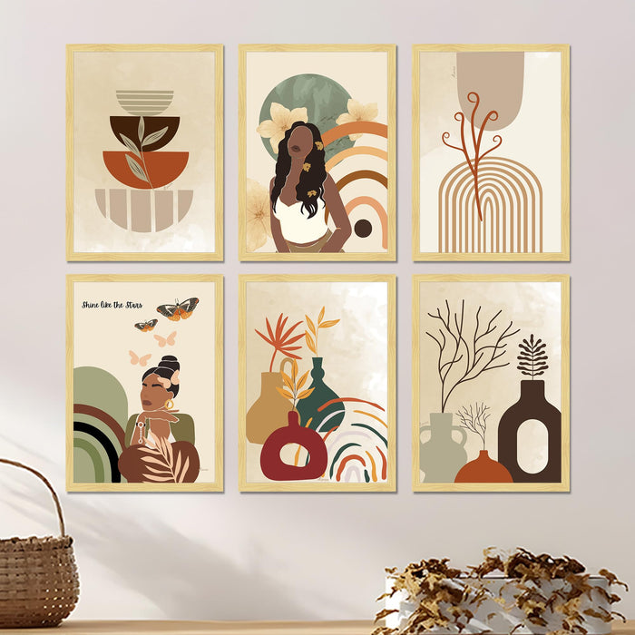 Boho Abstract Framed Painting Wall Art Set of 6 | Portrait, Botanical & Geometric Prints | Warm Neutral Tones | Engineered wood Frame Wall Décor, (Size: A3)