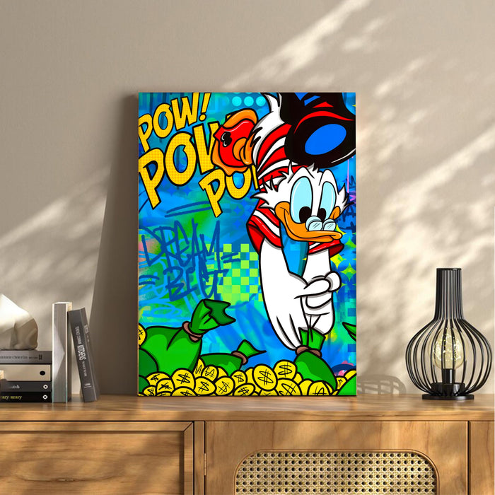 Pop Art Cartoon Duck Money Wall Painting | Comic Graffiti Style Stretched Canvas Art Print| Modern Street Wall Art for Home & Office, 41x56 cm
