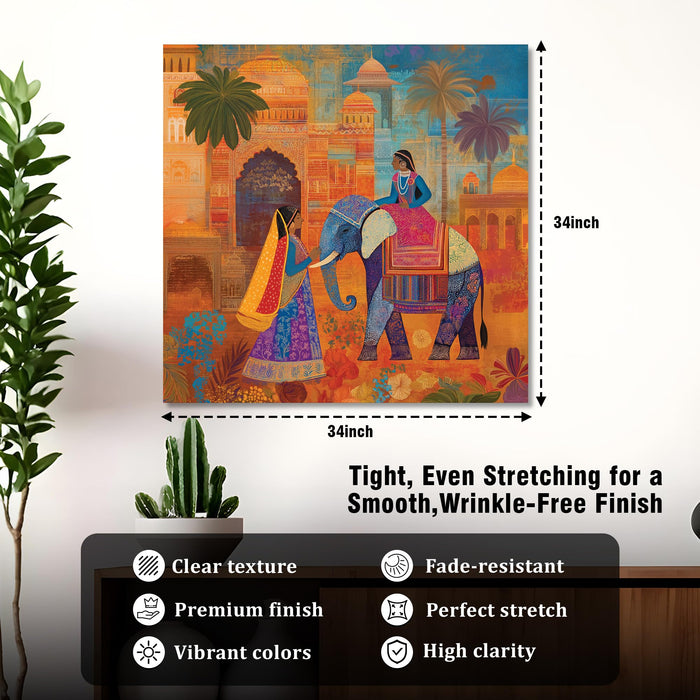 Indian Ethnic Elephant Stretched Canvas Painting For Living Room | Rajasthani Miniature Wall Art Large Canvas Painting For Livingroom Home Decor, Bedroom, Hallway's, Office, Hotel - 86x86 cm