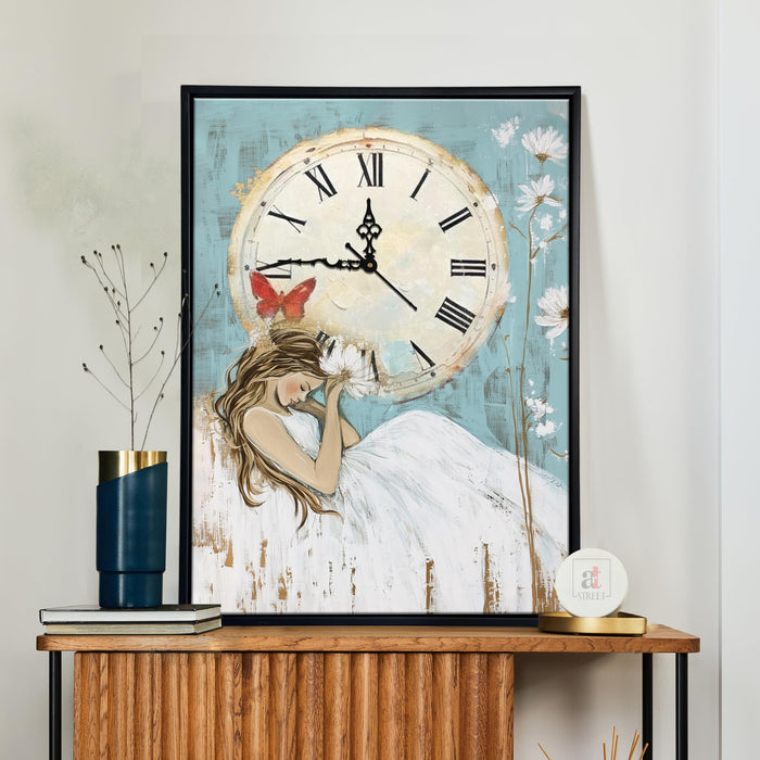 Portrait Abstract Dreamlike Girl Multicolor Framed Canvas wall art With Clock | Painting with clock, 43x58 cm