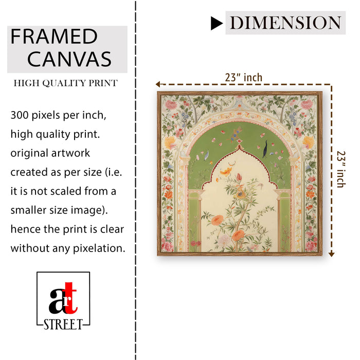 Floral Jharokha Framed Painting For Living Room | Traditional Madhubani Large Canvas Painting With Frame Wall Art For Bedroom, Hallway's, Office, Hotel, Size 58x58 cm