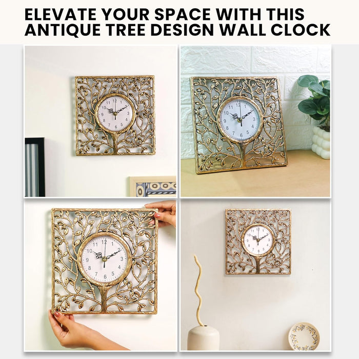 Bronze Vintage Tree Wall Clock Square Antique Design, Nature-Inspired Tree Motif Frame, Rust-Free, Lightweight Durable Plastic, Wall & Shelf Mountable  24x24 cm