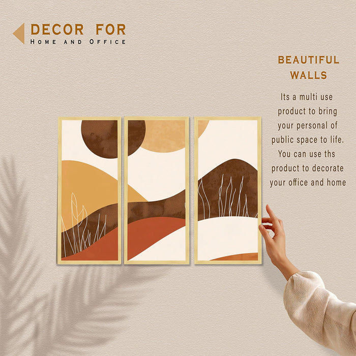 Abstract Landscape Framed Wall Art Set of 3 | Modern Boho Geometric Wall Décor | Engineered Wood Frame Prints for Living Room, Bedroom & Office, 8.9x18.9 Inch
