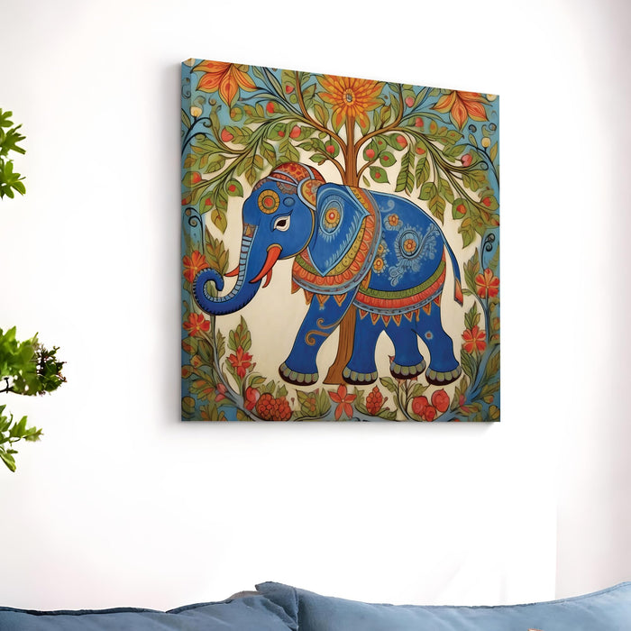 Madhubani Elephant Stretched Canvas Wall Art Painting For Living Room, Traditional Indian Folk Tree of Life Painting With Frame, Ethnic Home Decor for Living Room, Office & Vastu (56xx56 cm)