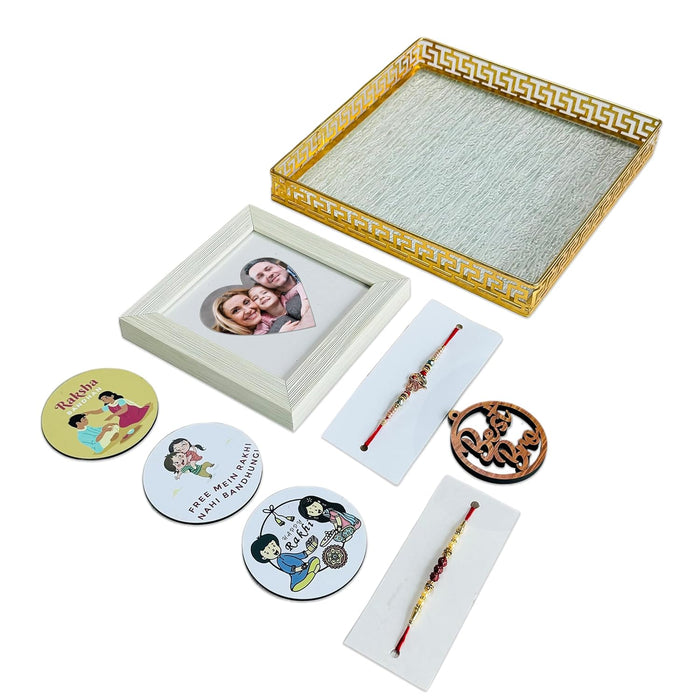 Art Street Rakhi Gift Hamper Combo Set -Two Rakhi for Brother, Best Bro Keychain, One 5x5 Inch Photo Frame with Heart Shape, Square Shape Tray, Three Fridge Magnets