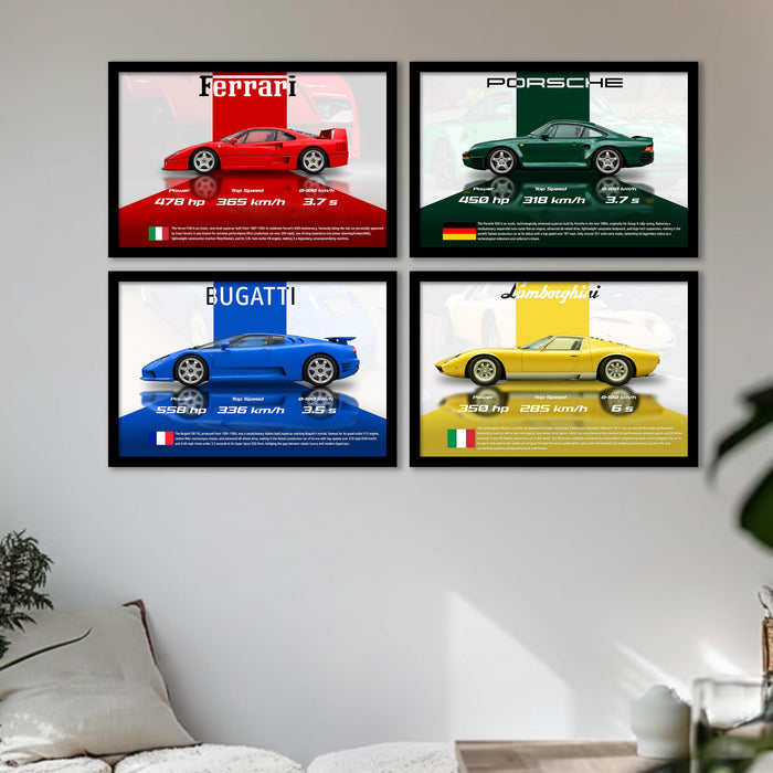 Luxury Supercars Framed Painting Wall Art Painting Set of 4 | Ferrari, Porsche, Bugatti & Lamborghini Illustration Prints for Living Room & Office D cor, 23x32 cm