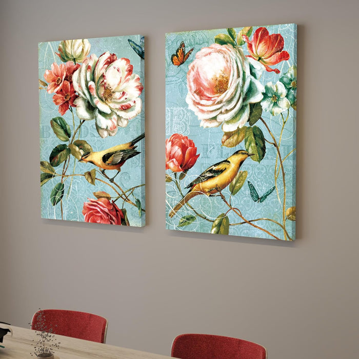 Art Street Stretched Canvas Painting Beautiful Flower Bird Retro Color For Living Room Decoration (Set of 2, Size: 16x22 Inch)