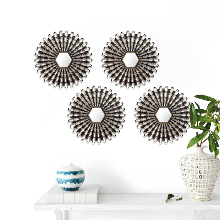 Decorative Wall Framed Mirror, Set of 4 Round Gold & Black, Wall Hanging Mirrors (10 X 10 Inchs)