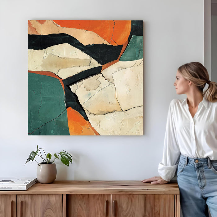 Abstract Modern Geometric Stretched Canvas Wall Art Painting for Living Room, Textured Earthy Poster, Minimalist Overlapping Shapes in Burnt Orange & Teal for Office Decor (56xx56 cm)