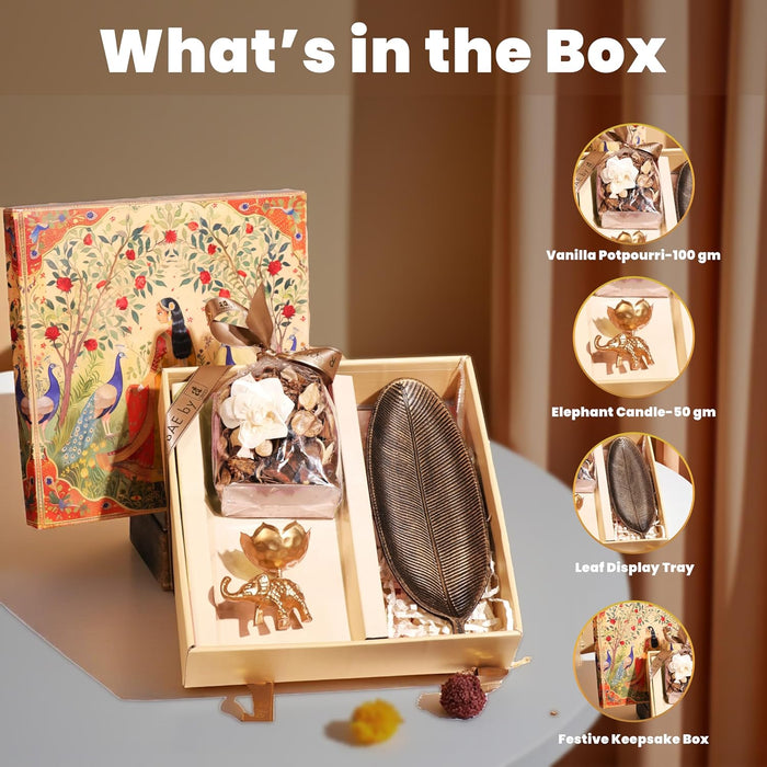 Diwali Gift Hamper Box with Mogra Scent Potpourri, Elephant Shape Candle and Tray, Friends and Relatives (Pack of 4)