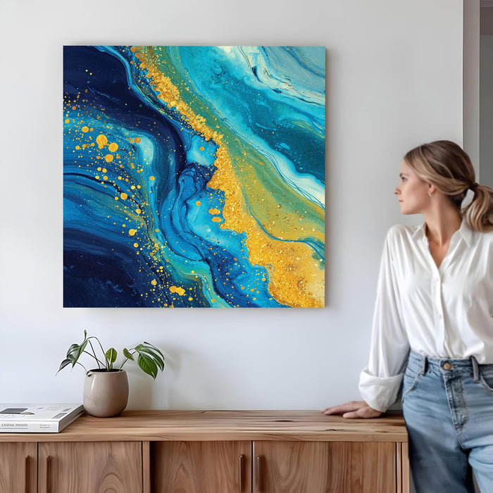 Abstract Blue & Gold Marble Wall Art Painting For Living Room, Modern Fluid Ink Stretched Canvas Painting with Gold Foil Splatter, Contemporary Decor for Living Room, Home & Office (56xx56 cm)