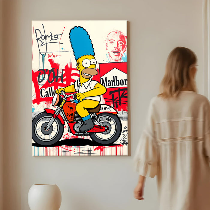 Cartoon Rider Graffiti Stretched Canvas Painting Print | Pop Art Street Style Wall Décor | Modern Abstract Wall Art for Home & Office, 56x86 cm