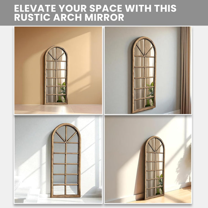 Bronze Arched Windowpane Wall Mirror Full Length Semicircular Grid Design, Rustic Wood Finish, Vintage Window Frame Style  32x76 cm
