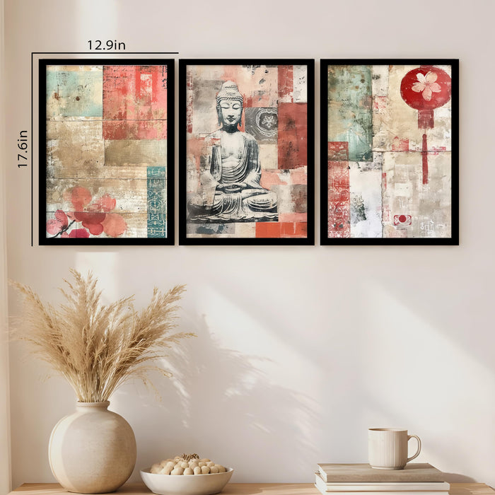 Abstract Buddha A3 Framed Painting for Living Room With Frame, Abstract Religious Floral Framed Vastu Paintings for Home Decor Bedroom Hallways Office Hotel Set of 3, Size 33x45 cm