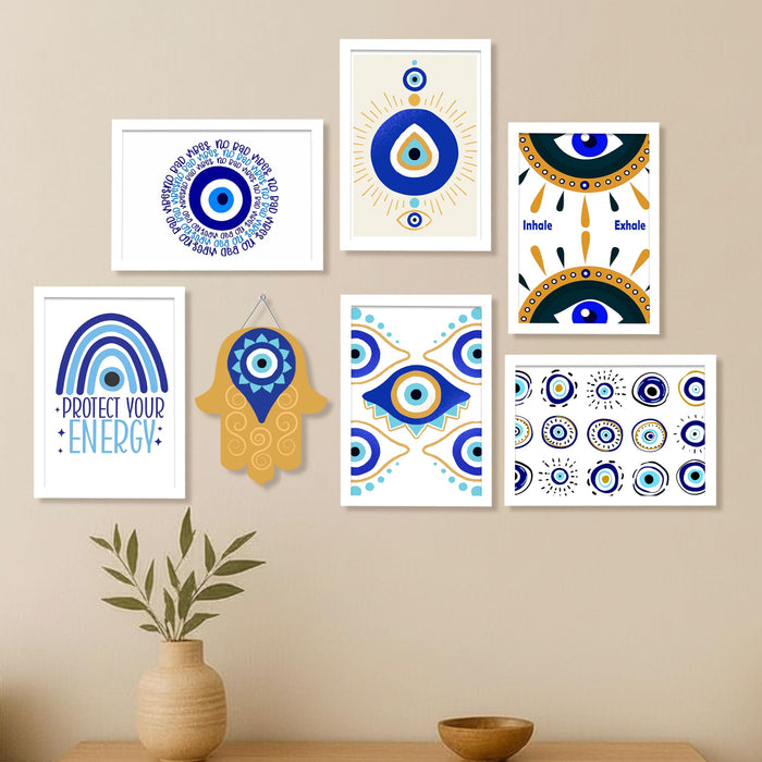 Evil Eye Framed Wall Art Set of 7 (1 MDF wall Hanging) – Spiritual Protection & Nazar Symbol Prints | Modern Boho Wall Decor Framed Painting for Home & Office, 9x13 Inch