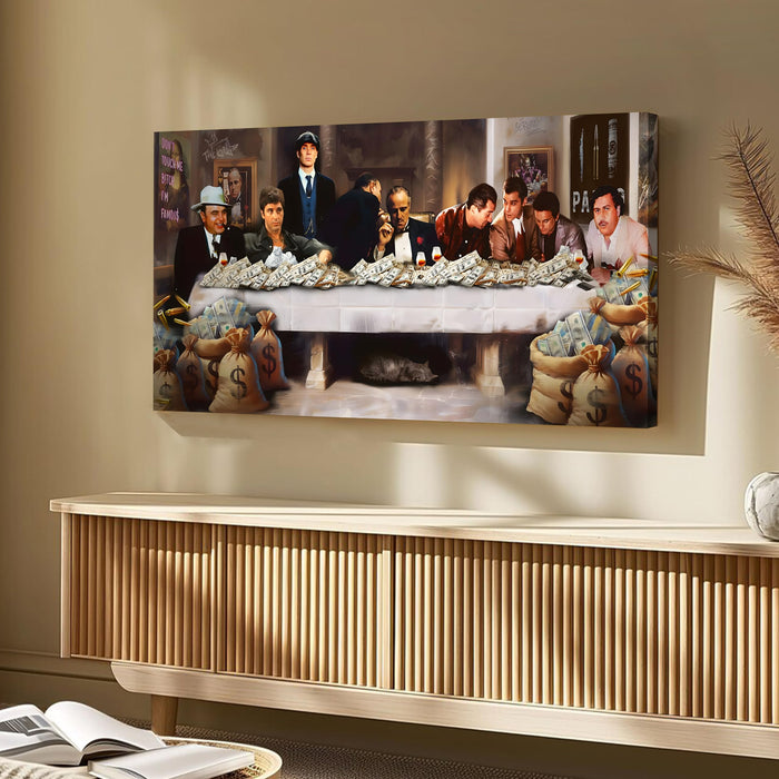 Luxury Mafia Money Stretched Canvas Wall Art | Power & Wealth Theme Cinematic Wall Painting for Living Room, Office & Man Cave Décor, 22x46 Inch