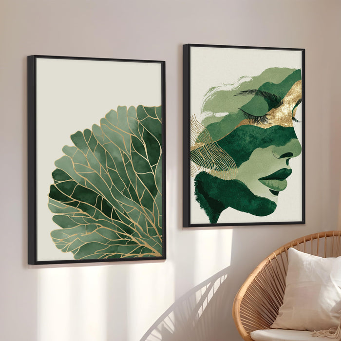 Abstract Face Green Leaf Canvas Portrait Large Wall Art Painting for Living Room Decoration, Stylish Large Wall Art Print for Wall Decor (Set of 2, 58x89 cm)