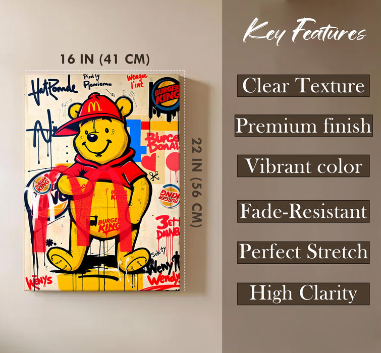 Bear Graffiti Stretched Canvas Painting Print | Pop Art Street Style Wall Décor | Modern Abstract Canvas Art for Home & Office, 41x56 cm
