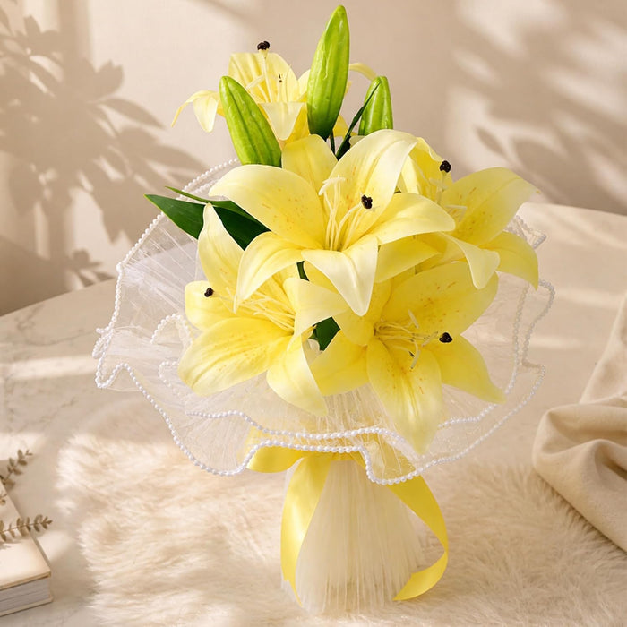 Art Street Artificial Yellow Lily Flower Bouquet with Decorative Wrapping | Realistic Fake Flowers