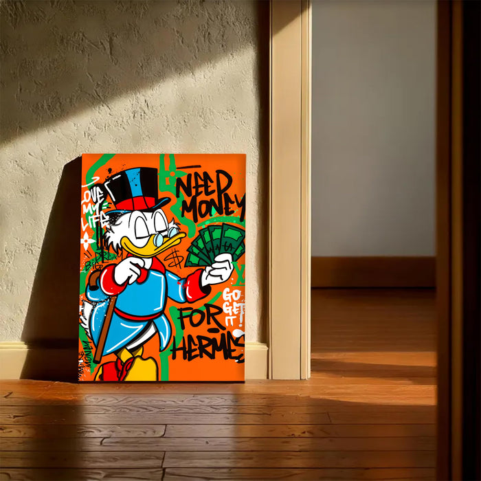 Modern Pop Art Duck Money Wall Painting | Graffiti Street Art Stretched Canvas Print | Bold Cartoon Artwork for Living Room, Office & Café Décor, 41x56 cm