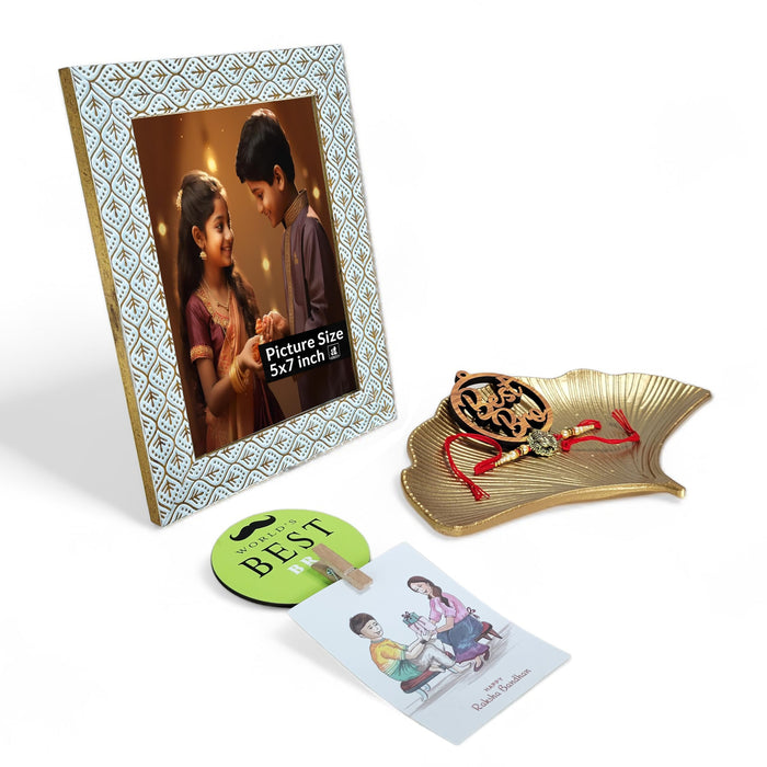 Art Street Rakhi Gift Hamper Combo Set-One 5x7 Inch Tectured Photo Frame & Ganesh Rakhi for Brother, Best Bro Keychain, Decorative Tray,One Photo Clip Best Brother Fridge Magnet Rakshabandhan Rakhi