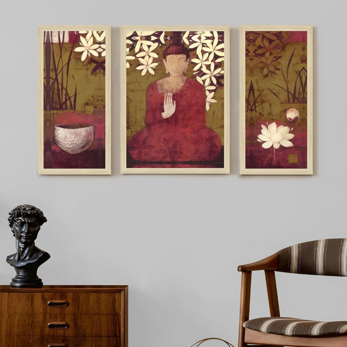 Buddha Floral Abstract Framed Wall Art Painting Home Décor Pack Of 3 | Digital Scenery Painting with Frame, Office Set Of 3, 22x46 cm, 33x44 cm
