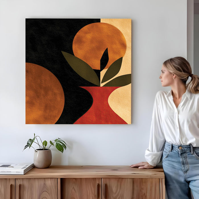 Boho Abstract Botanical Stretched Canvas Wall Art Painting For Living Room, Modern Minimalist Leaf & Vase Painting for Living Room, Office & Home Decor (56xx56 cm)