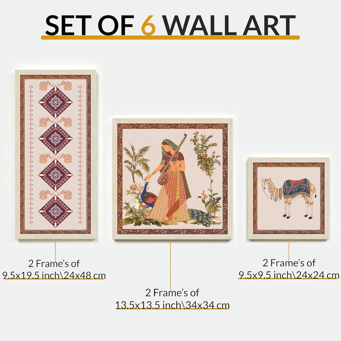Framed Wall Art Print Pack of 6 Framed Wall Decoration Art Prints Traditional Indian Pichwai 24x48, 34x34 and 24x24 cm, Pink