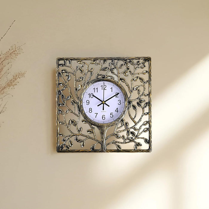 Bronze Vintage Tree Wall Clock Square Antique Design, Nature-Inspired Tree Motif Frame, Rust-Free, Lightweight Durable Plastic, Wall & Shelf Mountable  24x24 cm
