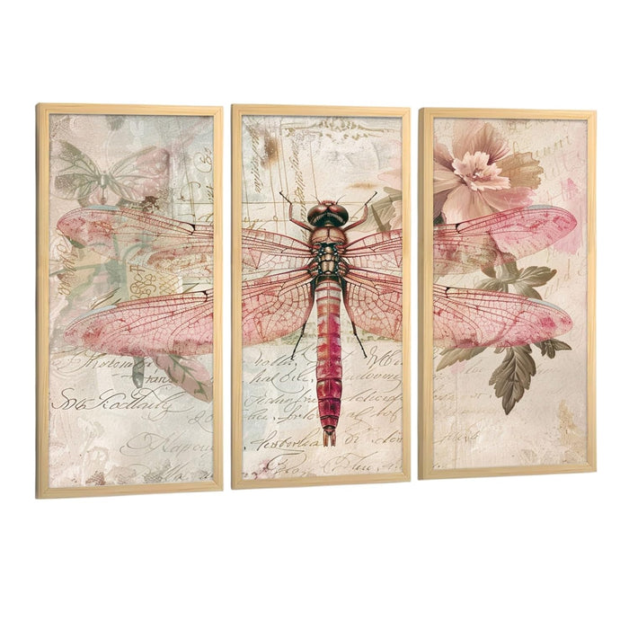Dragonfly Floral Dictionary Wall Art Painting for Home, Engineered Wood Frame Stylish Large Wall Art Print (Set of 3, 8x18 Inch)
