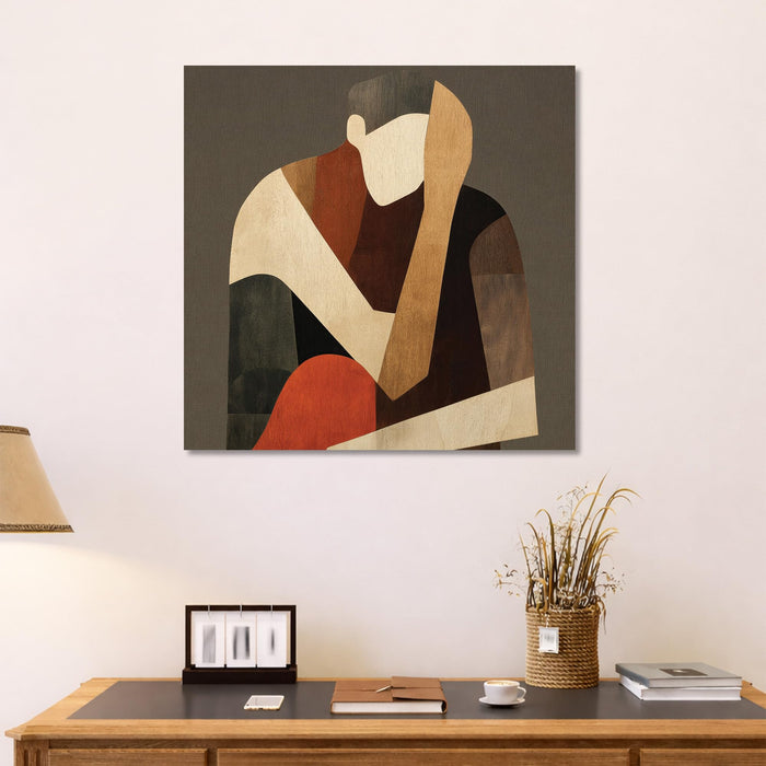Abstract Stretched Canvas Wall Art Painting for Living Room, Modern Minimalist Figurative Painting, Mid-Century Boho Decor in Earthy Terracotta & Brown for Living Room, Office & Studio (56xx56 cm)