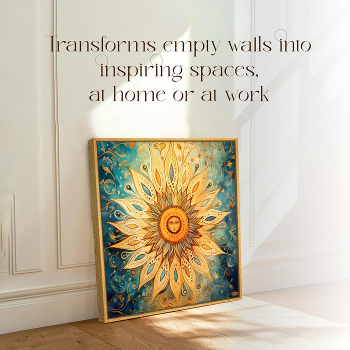 Multicolor Abstract Canvas Framed Painting Wall Art - Mustard Teal Beige Folk Art Sun Abstract Canvas Wall Décor Painting (58x58 cm)