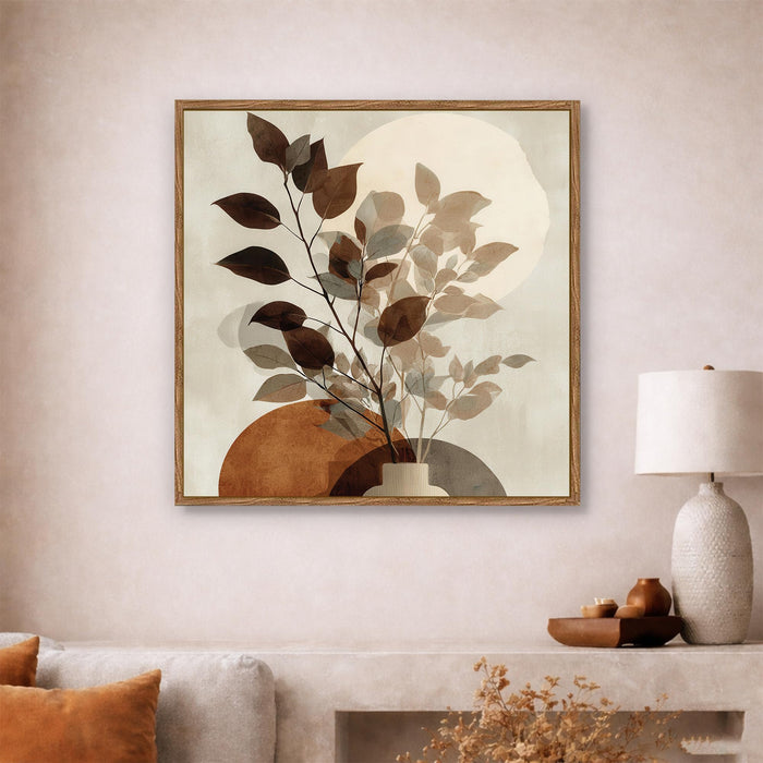 Abstract Vase Leaf Framed Painting For Living Room | Modern Botanical Large Canvas Painting With Frame Wall Art For Bedroom, Hallway's, Office, Hotel, Size 58x58 cm