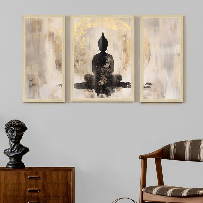 Buddha Floral Abstract Framed Wall Art Painting Home Décor Pack Of 3 | Digital Scenery Painting with Frame, Office Set Of 3, 22x46 cm, 33x44 cm