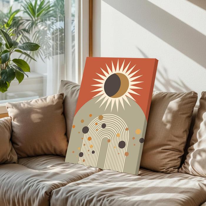 Abstract Sun Rise and floral Stretched Canvas Wall Art Modern Boho Illustration Painting for Home & Office Wall Decor, (16x22 Inch)