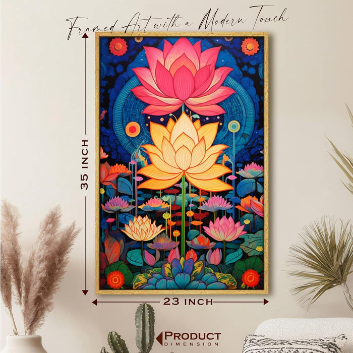 Abstract Multicolor Aesthetic Lotus Painting with Frame, Framed Canvas Paintings Stretched Canvas Wall Art  22x34 Inch