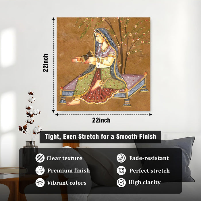 Mughal Miniature Wall Art Painting For Living Room, Rajasthani Traditional Indian Lady Playing Drum Under Tree, Stretched Canvas wall Art Poster for Living Room, Office & Home Decor (56xx56 cm)