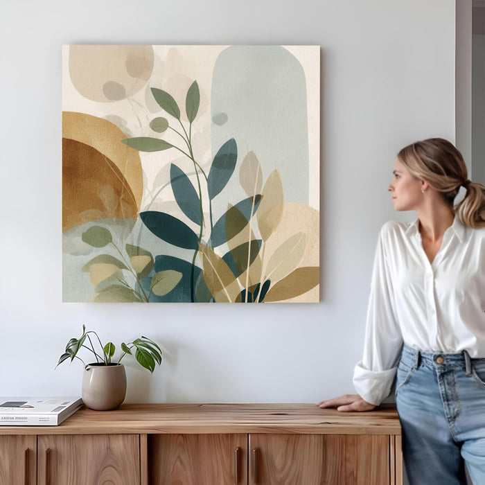 Abstract Botanical Stretched Canvas Wall Art Painting For Living room, Modern Boho Sage Green & Earth Tone Floral Print, Minimalist Nature for Living Room, Bedroom & Office Decor (56xx56 cm)