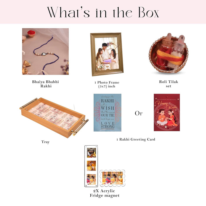 Rakshabandhan Gift Hamper for Brother and Bhabhi, Photo Frame and Serving Tray, Evil Eye Rakhi with Chawal and Roli Gift Set for Celebrate Raksha Bandhan